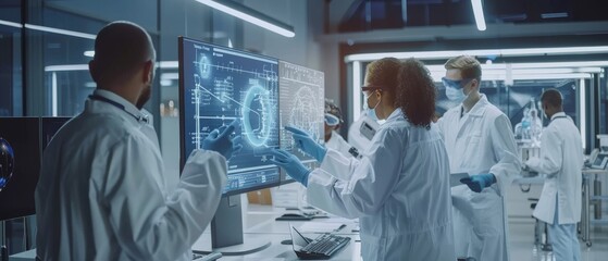 Poster - The Technology Research Laboratory: Industrial Scientists, Engineers, and Developers work with a digital whiteboard the shows engine blueprints, and neural networks are used to calculate engine