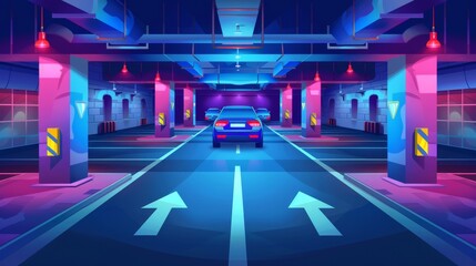 Wall Mural - Car parking in underground garage, parking area in basement with columns and arrows indicating exit path. Modern illustration of guiding arrows and columns showing the exit way.