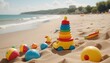 children's toys on the sand on the beach sea and holidays