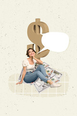 Canvas Print - Vertical photo collage picture young cheerful woman dreamy think rich wealth dollar sign banknotes cash forex market trading