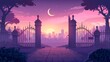 A cityscape view with stone gates, an entrance to a city park or garden. A starry sky in soft pink and a sunrise background with a crescent. Modern illustration of a cityscape with stone gates, an