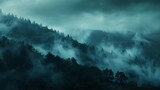 Fototapeta  - misty mountain landscape at dusk dark moody atmosphere abstract nature background