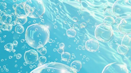Poster - A seamless pattern of air bubbles on blue water surface. This is an abstract background with clear soap or shampoo balloons, underwater fizzing, a texture or wallpaper design as well as a realistic