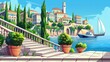 An illustration of a city on a hill, boats, marble fence, steps and trees in pots. This is a modern illustration of a city, ships and balustrade in the Mediterranean.