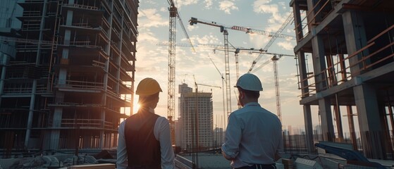 Poster - The Construction Site of a Commercial, Industrial Building is inspected by a group of specialists including a civil engineer, an investor, and a businesswoman. In the background, skyscraper formwork