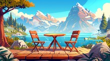 Home Terrace With Mountain Lake View, Wooden Table And Chairs On Wood Floor At Nature Landscape With Spruces And Rocks, Cartoon Modern Illustration, Resort, Hotel Area.