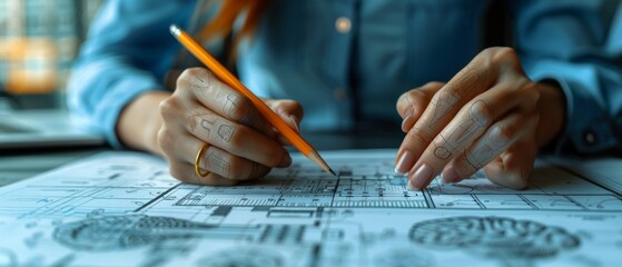 Poster - The young engineer works on the blueprint plan with a laptop, pencil, and calculator.