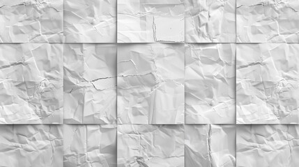 Poster - Texture of wet paper or crumpled fabric. Modern seamless patterns of blank adhesive pages. Empty square stickers with wrinkles isolated on white background.