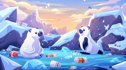 Sticker - Posters with polar bears, seals, and penguins on ice and trash in sea water. Cartoon arctic and antarctic scenes with wild animals on ice and trash.