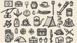 © Mark - Camp and hiking doodle icons. Map, spade, compass, trailer, backpack, tent, first aid kit, kayak with paddle, kettle, lantern, water flask, compass, and map with route.