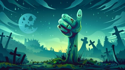 Wall Mural - This creepy Halloween illustration features a zombie hand with a thumb up, a night landscape, and silhouettes of scary monsters.