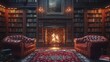 Elegant Dimly Lit Library with Walls Lined with Books and a Crackling Fireplace, Concept of Knowledge and Comfort
