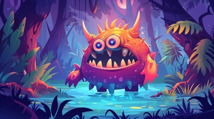 Wall Mural - Animal with teeth and one eye in forest swamp. Illustrator's cartoon fantasy illustration.