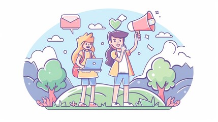 Poster - social marketing campaign landing page with man and woman characters promoting online using laptops 
