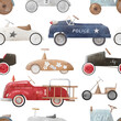 Watercolor cute pattern with retro toy cars. Wallpaper for boy. Vintage style. Isolated on white background.