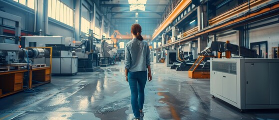 Poster - Women Engineer Walks Through Factory Workshop with Augmented Reality 3D Models CNC Machinery Production Line. Industry 4.0 Graphics Visualization in Factory. VFX Special Effects and VFX Visuals.