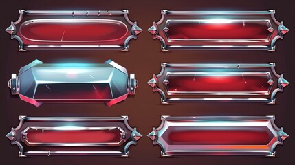 Poster - cartoon modern set of medieval gui menu frames with silver rim and gloss red glass plaques. 2d butto