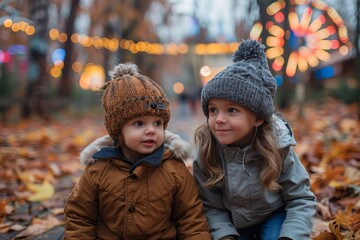 Sitting on a bed of fallen leaves, two toddlers share a moment of enjoyment with an amusement park in the background