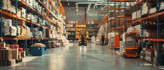 Poster - Product Distribution Logistics Center with shelves full of cardboard boxes, workers scanning and sorting packages, using forklifts and pallet trucks to move inventory.