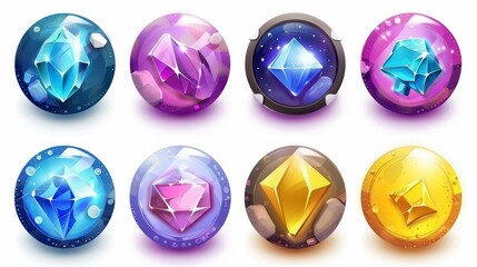 Poster - a set of circles with icons and crystal textures isolated on white background. sketches of gemstones