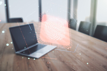 Aufkleber - Double exposure of abstract creative fingerprint hologram on computer background, protection of personal information concept