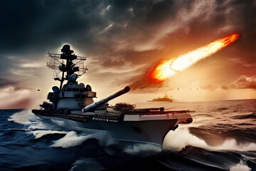 Wall Mural - military naval warship destroyer shooting anti aircraft defense missiles.