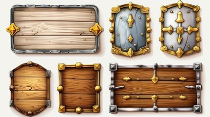 Poster - The wooden buttons with gold and silver frames are suitable for game UI design. The set is a modern cartoon with wooden texture and golden and metal borders.