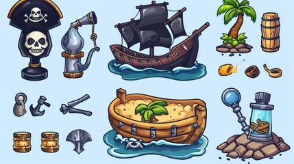 The pirate game icon is a cute cartoon illustration of a wooden boat with a black sail and skull, a smoking pipe, spyglass and a metallic anchor, an island with a palm tree and a message in a bottle,