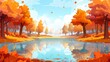 Autumn forest panorama with falling leaves and sunlight reflected in crystal water with a clear lake under orange trees. Wild nature landscape, scenery wood, modern illustration.