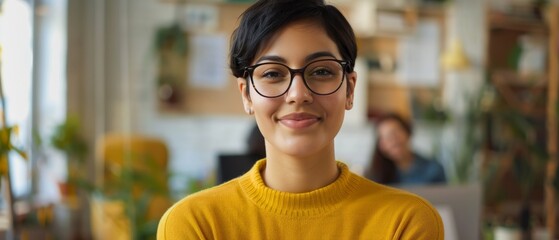 Poster - An attractive young Hispanic woman with short, dark hair and glasses poses for the camera in a creative office.