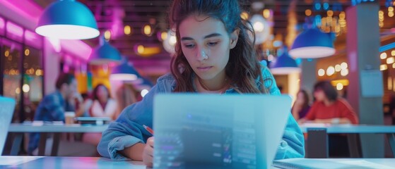 Poster - A young Hispanic Marketing Specialist plays with a laptop computer in a busy office environment. A beautiful multi-ethnic female project manager cares for notes in a paper notebook.