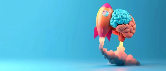 Wall Mural - Ideation of a colorful brain rocket on blue background. Minimal concept. 3D rendering.