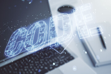 Aufkleber - Creative Code word sign on modern computer background, international software development concept. Multiexposure