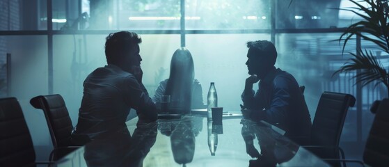 Poster - Colleagues discuss business opportunities and growth behind conference table in conference room at agency. Young creative team meeting with agency partners behind glass walls.