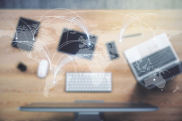 Poster - Double exposure of abstract digital world map with connections on laptop background, research and strategy concept
