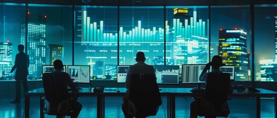 Poster - Several finance specialists seated in front of computers in a modern monitoring station with a big digital screen showing live analytics feeds.