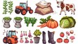 Agricultural and farming items isolated on white background. Cow, tractor, sack with flour, ripe pumpkins and beetroot isolated elements. Cattle or gardening cartoon modern illustration.