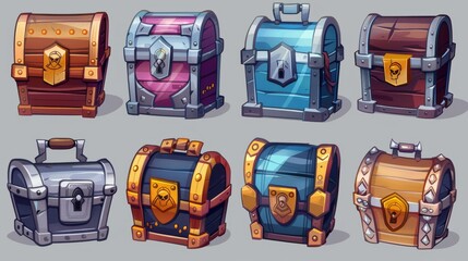 Forgeries of treasure chests, game trunks, wooden boxes with gold, silver, and platinum forgeries. Trophies, magic assets, level winners' rewards. Pirate loot, GUI elements, cartoon illustration.