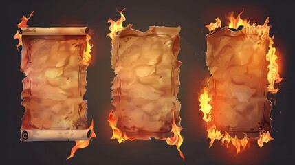 Poster - Paper in flames, burning cards in flames. Smoldering parchment pages. Blank vertical templates for antique letters, scrolls, flaming notes and frames.