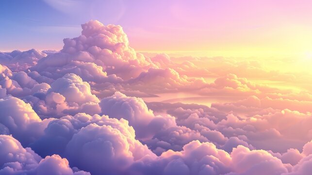 sky, pink heaven background with fluffy clouds in white and lilac. abstract vivid fantasy background