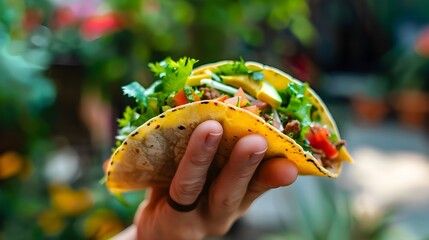 Wall Mural - Hand holding delicious taco, Hand holding traditional Mexican taco with meat ball isolated on transparent background ai generated 
