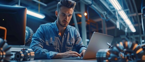 Canvas Print - Managing projects on laptop computer in car assembly plant office. Working on vehicle parts in technological development facility. Young handsome engineer.