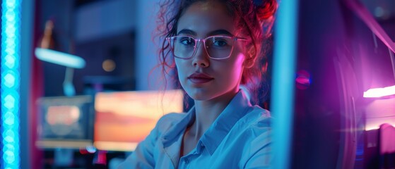 Poster - Female professional using desktop computer in modern office with colleagues. Beautiful and stylish Manager working on financial, marketing, and commercial projects. Specialist in diverse teams.