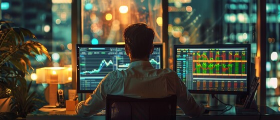 Poster - Founder of a hedge fund looking out the window of his office at night. Computer with multi-monitor workstation, real-time charts of stocks, commodities, and exchange markets.