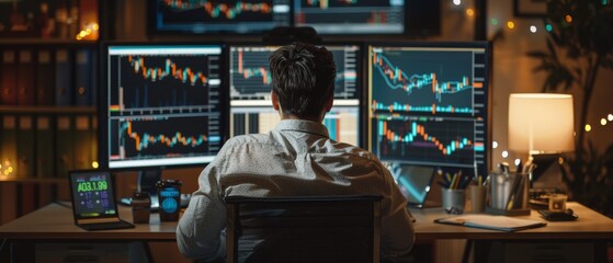 Poster - Businessman determining next investment trade at a bank office using computers with multiscreen workstations and real-time charts of stocks, commodities, and exchange markets.