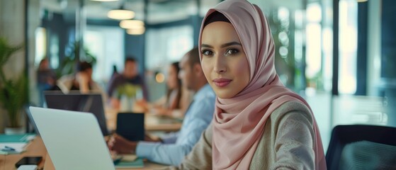 Poster - Modern Office: Muslim Business Woman in Hijab and Hispanic Entrepreneur Use Laptop, Talk, Brainstorm with Managers. Young Professionals on E-Commerce Project.