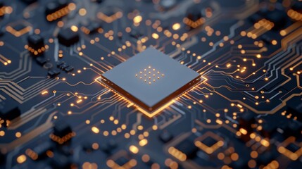 Poster - Advanced technology concept with elements like CPU, microchip, computing processor, and electronic circuitry on display. AI technology is demonstrated for a conceptual background.