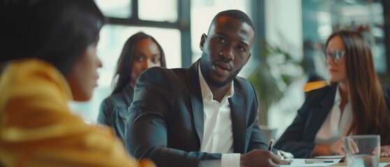 Poster - Meeting of a diverse team of professional businesspeople in an office conference room. Black Businesswoman, African-American Digital Entrepreneur, and Hispanic CEO in conversation.