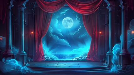 Poster - Theatre stage with red curtains and decoration beacon, sea waves and moon with clouds. Interior of music hall, opera, and drama with wooden set, velvet drapes, columns. Cartoon modern illustration.