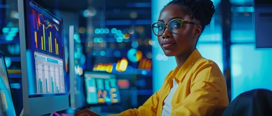 Poster - An IT technician is utilizing a desktop computer, using big data statistics to do graphs and statistics. An IT marketing and development specialist smiles and works on eCommerce projects.